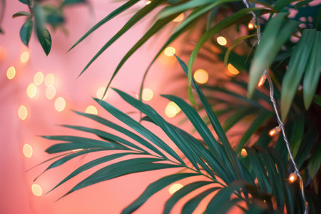 Tropical palm leaves and string lights on coral background. Generative AI illustrationの素材