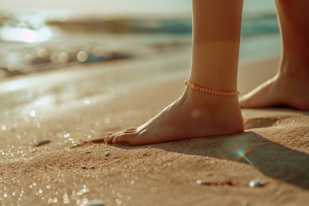 Woman's legs with an metallic golden anklet shimmering in the sunlight on a sandy beach. Generative AI illustrationの素材