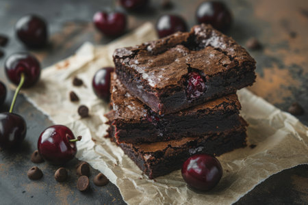 Homemade brownie with fresh cherry. Generative AI illustrationの素材