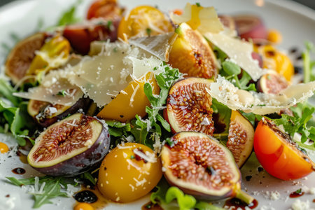 Salad with arugula, spinach, figs and cheese. Generative AI illustrationの素材