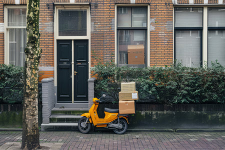 Deliveries outside apartments. Cardboard boxes delivered to the front door and left outside for contactless pickup. Generative AI illustrationの素材