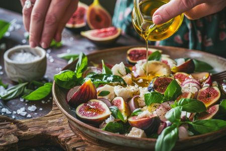 Hands drizzling olive oil over the top of salad with figs, cheese, nectarines and basil leaves. Generative AI illustrationの素材