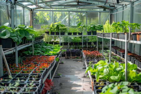 Young plants growing in the greenhouse. Generative AI illustrationの素材