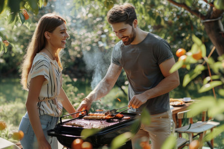 Smiling happy friends grilling in the backyard. Barbecue party. Generative AI illustrationの素材