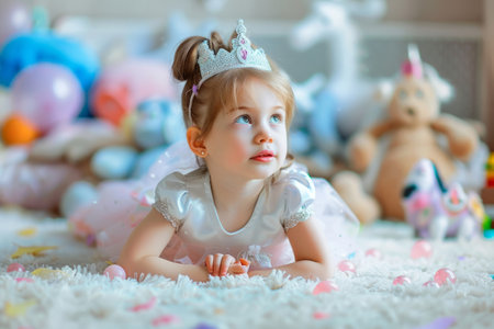 Little girl playing in a princess costume surrounded by toys. Generative AI illustrationの素材