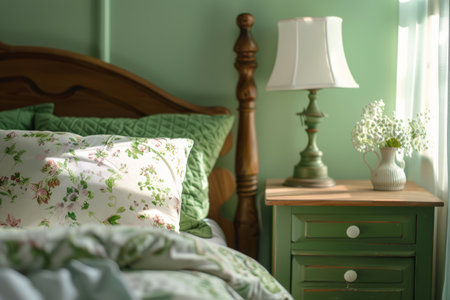 Modern green bright bedroom with wooden decor. Generative AI illustrationの素材