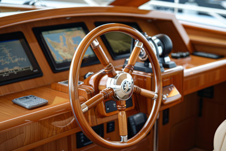 Wooden steering wheel in the captain cabin of modern yacht. Generative AI illustrationの素材