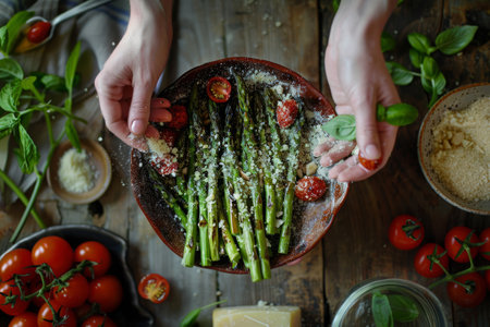 Hands sprinkling cheese powder over roasted asparagus with a balsamic sauce and cherry tomatoes. Generative AI illustrationの素材
