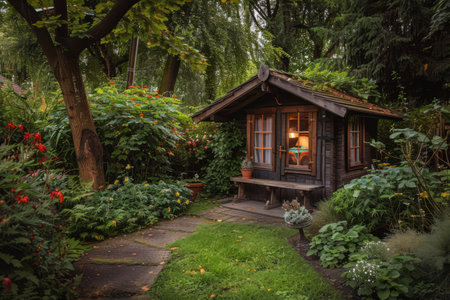 Small green fenced back yard with garden and shed. Gardening tools shed. Generative AI illustrationの素材