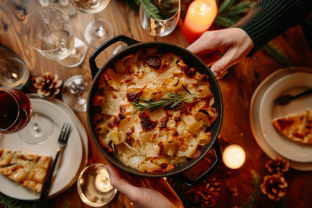 Homemade baked vegan pasta with cheese. Generative AI illustrationの素材