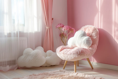 Chair with fluffy cloud shaped cushion in a little girl's room. Generative AI illustrationの素材