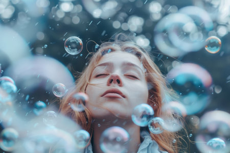 Young woman surrounded by soap bubbles in a park. Generative AI illustrationの素材