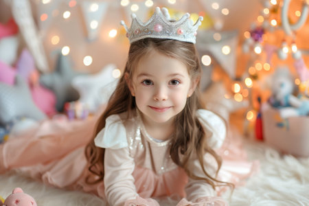 Little girl playing in a princess costume surrounded by toys. Generative AI illustrationの素材