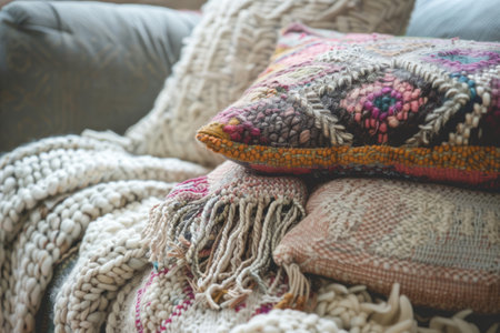Bohemian style blankets and cushions. Details of boho style, eco design interior. Generative AI illustrationの素材