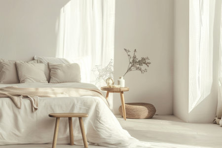 Minimalist clean bright modern bedroom with pale neutral walls. Generative AI illustrationの素材