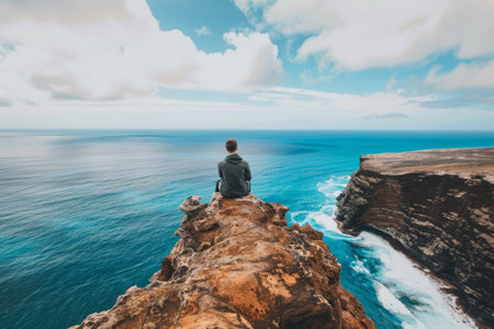 Traveler sitting on a cliff and look at the ocean. Travel and active life concept. Generative AI illustrationの素材