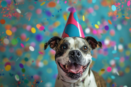 Happy dog in a festive hat with vibrant dots of confetti in the air. Generative AI illustrationの素材