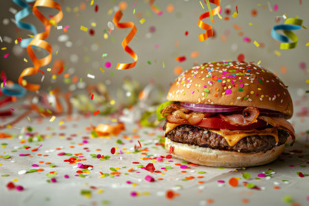 Burger with colorful confetti and streamers on background. Generative AI illustrationの素材