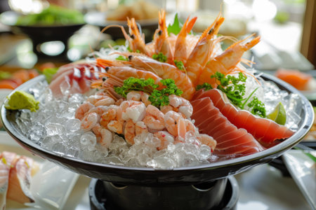 Sashimi platter with shrimp. Fresh sashimi set on ice. Generative AI illustrationの素材