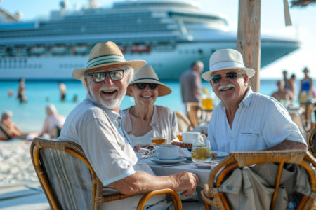 Happy elderly friends sit in the beach restaurant with big cruise ship on the background. Generative AI illustrationの素材