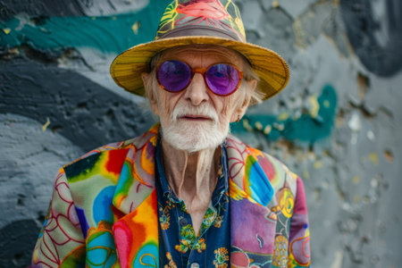 Beautiful style old man with beard wears colorful clothes. Generative AI illustrationの素材