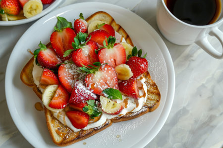 Strawberry cream toast with coffee. Generative AI illustrationの素材