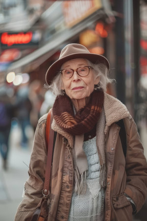 Happy older woman walks in center of city. Grandma looking cool walking downtown. Generative AI illustrationの素材
