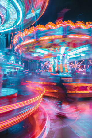 Blurred background of spinning rides and flashing neon lights. Carnival fun. Generative AI illustrationの素材