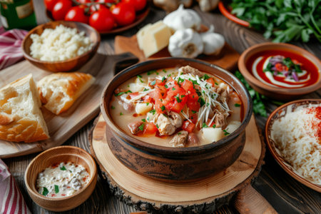 Soup with vegetables and meat. Chicken soup with tomatoes, potatoes, carrots. Generative AI illustrationの素材