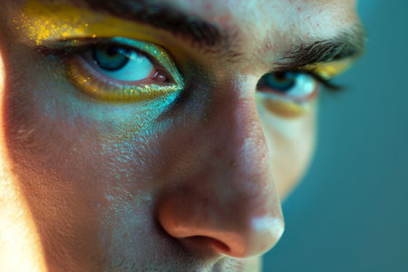 Happy smiling man with eyeshadow. Beauty, makeup and skin care concept. Generative AI illustrationの素材