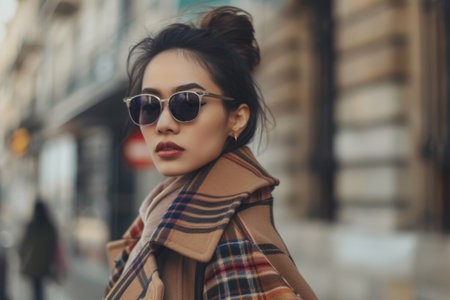 Street photo of a woman wearing a chic and modern outfit. Generative AI illustrationの素材