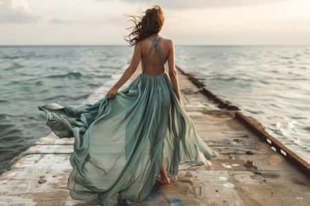 Woman walking along a pier in a flowing summer maxi dress. Generative AI illustrationの素材