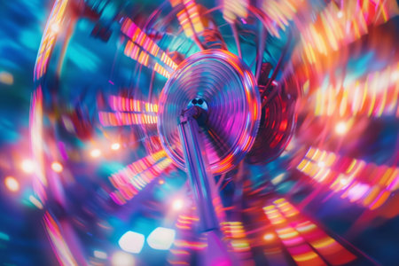 Blurred background of spinning rides and flashing neon lights. Carnival fun. Generative AI illustrationの素材