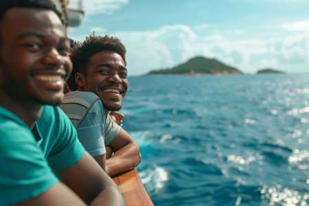 People on a cruise ship smiling and looking out on the sea and islands. Generative AI illustrationの素材
