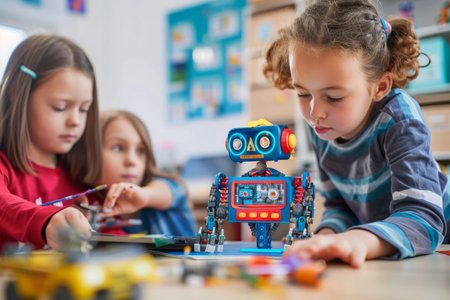 Happy cute children in class build a robot. Generative AI illustrationの素材