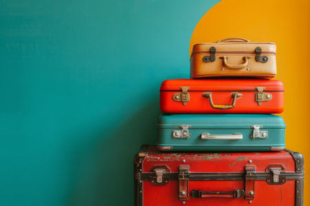 Stack of vintage suitcases on bright background. Generative AI illustrationの素材
