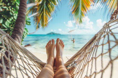 Tanned legs on a hammock on a tropical island. Summer vacations concept. Generative AI illustrationの素材