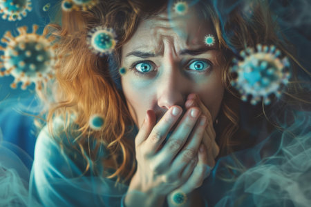 Ill woman covering mouth and few bacterial cells floating in the air. Viral infection concept. Generative AI illustrationの素材