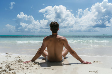 Man sitting and relaxing at beach. Generative AI illustrationの素材