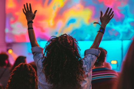 People at a concert waving their hands. The stage with a colorful light show in the backgroundの素材
