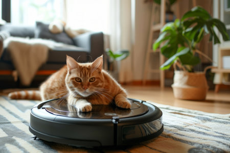 Cat and vacuum cleaner robot in the living room. The concept of easy daily cleaning of the house where pets liveの素材