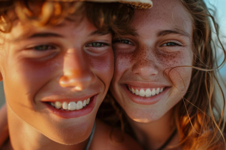 Teenage boy and girl smiling and looking at camera. Portraits of best friendsの素材