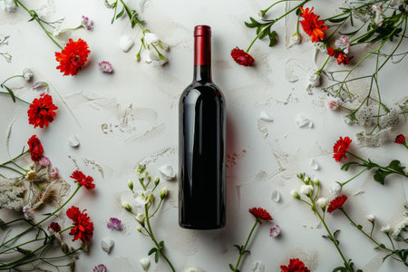 Red wine bottle with flowers around on minimalist backgroundの素材