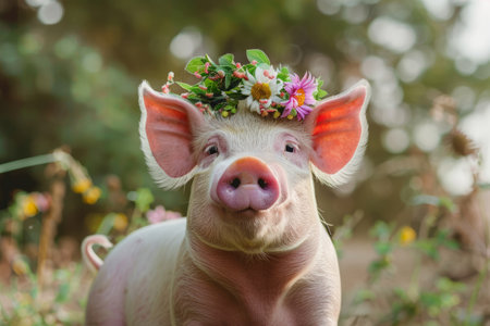 Cute domestic pig with flowers crown on its headの素材