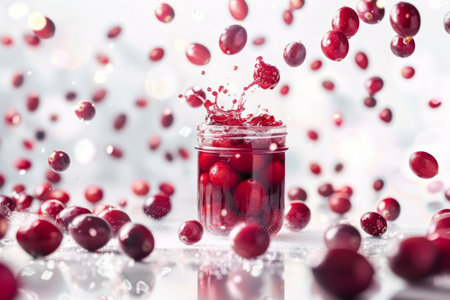 Fresh cranberries splash into a transparent jarの素材