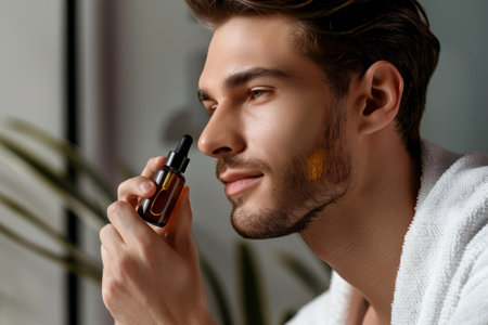 Man applying facial serum as part of his morning grooming routine. Modern men's skincare practicesの素材