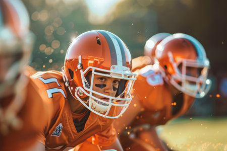 Young football player in an orange uniform and helmet focused during a gameの素材