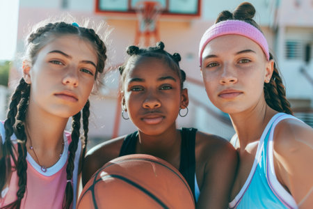 Young girls holding a basketball, ready for a game on an outdoor courtの素材