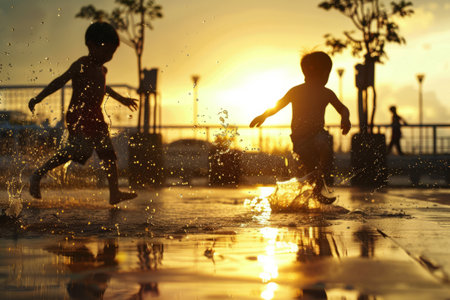 Silhouetted children in water during a golden sunset. Carefree childhood momentsの素材