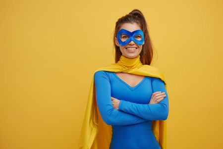 Cheerful smiling young woman in a superhero costumeの素材